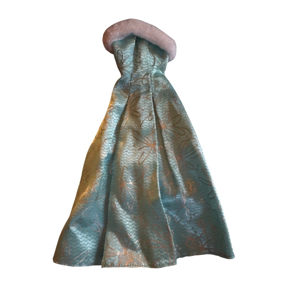 Genuine Barbie Aqua Blue Silver Floral Gown with White Faux Fur Trim Doll Dress